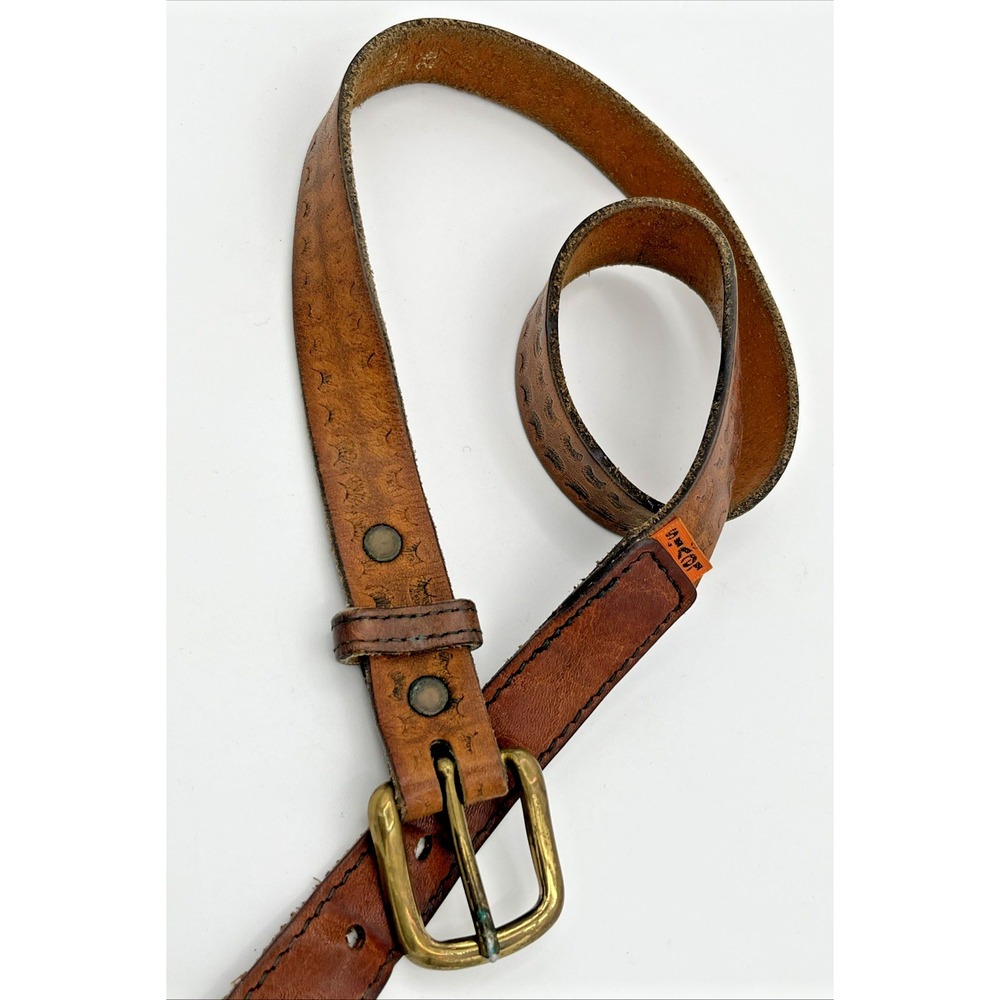 Vtg Levi's Brown Tooled Leather Belt Size 26 Western Style Solid Brass Buckle